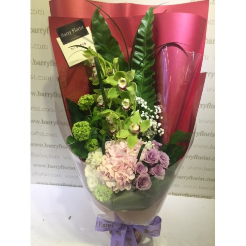 MOT 0005   1支綠色蕙蘭+1支粉繡球+紫玫瑰+配花